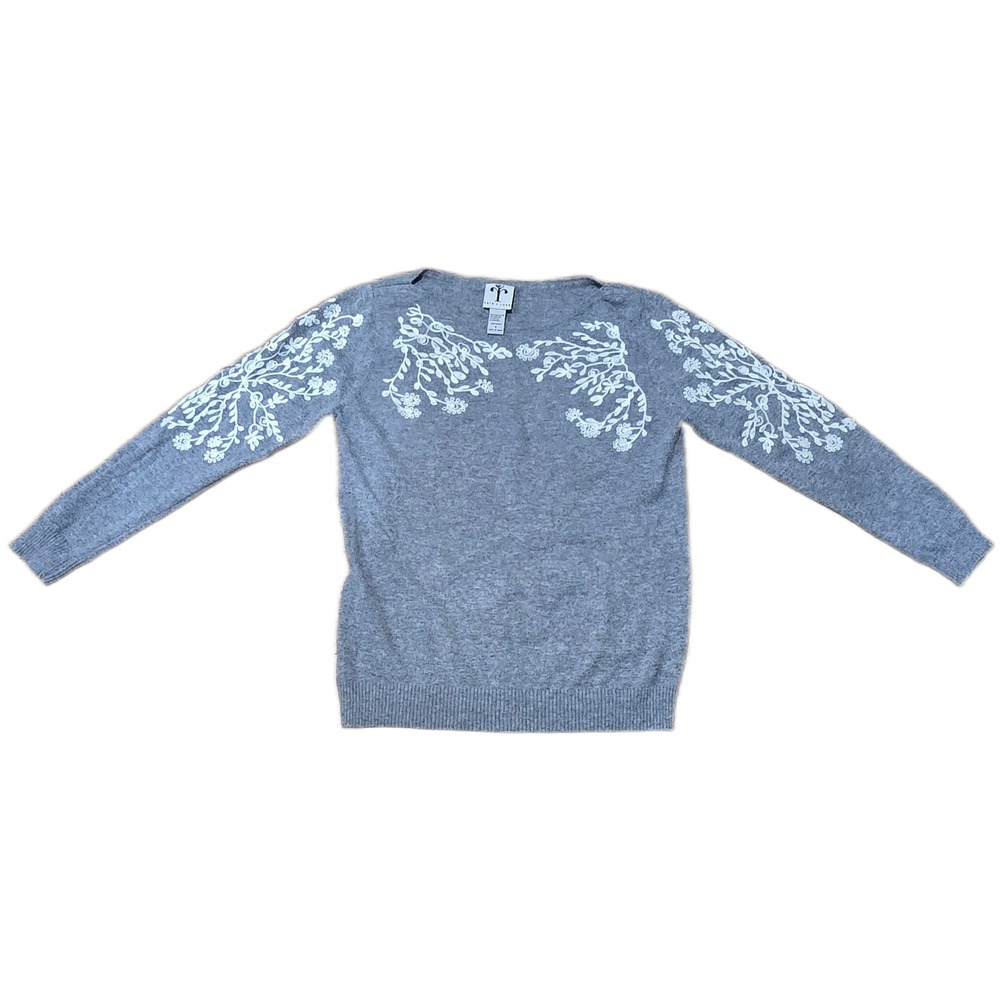 Rain + Rose Womens Grey Floral Embroidered Angora Blend Knit Sweater Size Small